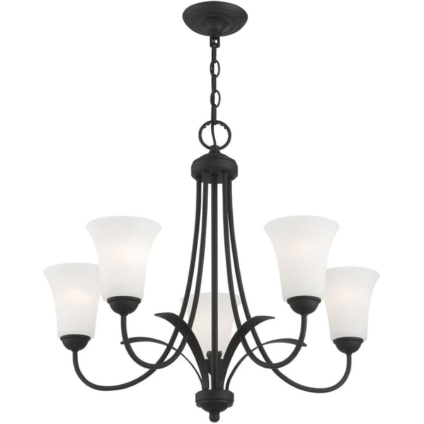 HomeRoots Black Five-Light Dimmable Chandelier with Cylindrical Shades - Modern Design for Versatile Spaces 687834