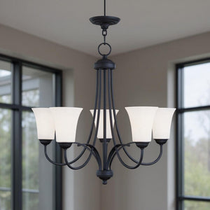 HomeRoots Black Five-Light Dimmable Chandelier with Cylindrical Shades - Modern Design for Versatile Spaces 687834