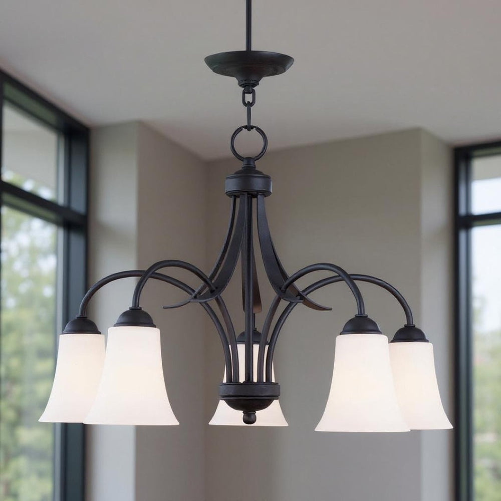 HomeRoots Black Five-Light Dimmable Chandelier - Modern Matte Finish with Cylinder Shades for Elegant Spaces 687835