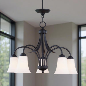 HomeRoots Black Five-Light Dimmable Chandelier - Modern Matte Finish with Cylinder Shades for Elegant Spaces 687835