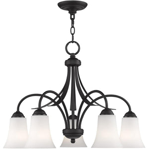 HomeRoots Black Five-Light Dimmable Chandelier - Modern Matte Finish with Cylinder Shades for Elegant Spaces 687835