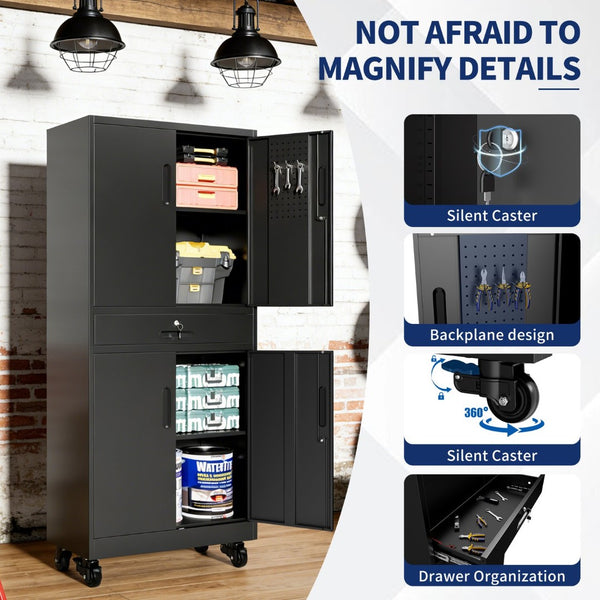 English Elm Metal Rolling Garage Cabinet with Pegboard Door Drawer Locking Storage and Adjustable Shelves T2398P465998