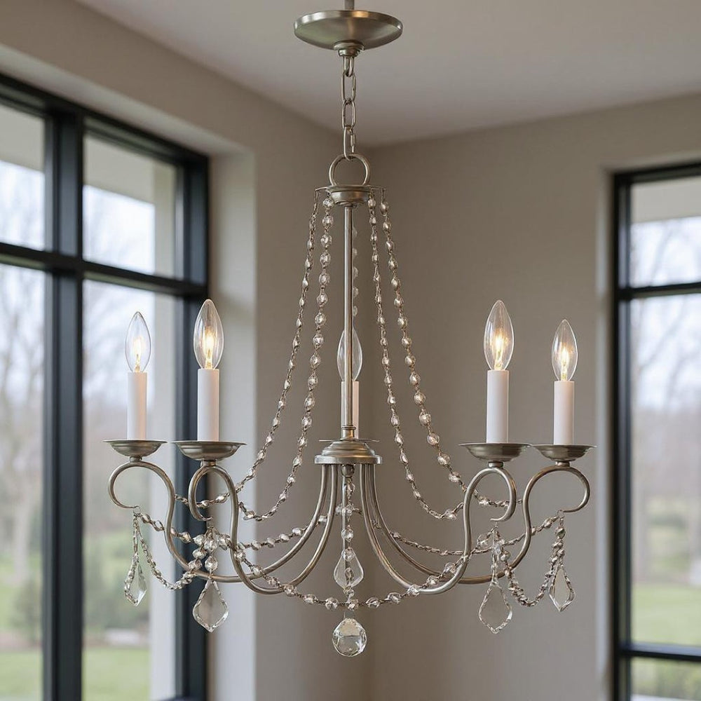 HomeRoots Five Light Dimmable Chandelier with Steel Shades – Modern Fixture for Stylish Entryways & Dining Rooms 687843