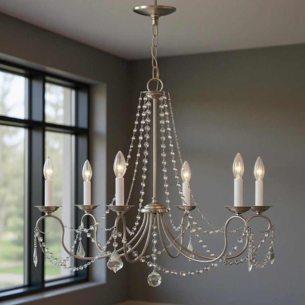 HomeRoots Six Light Dimmable Chandelier - Modern Steel Design with Adjustable Brightness for Elegant Spaces 687848