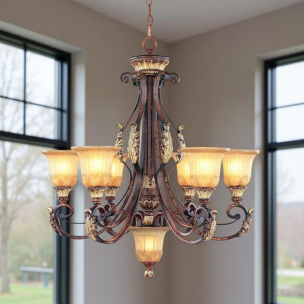 HomeRoots Seven Light Dimmable Chandelier - Modern Cylinder Design with Fabric Shades for Warm Glow & Style 687865