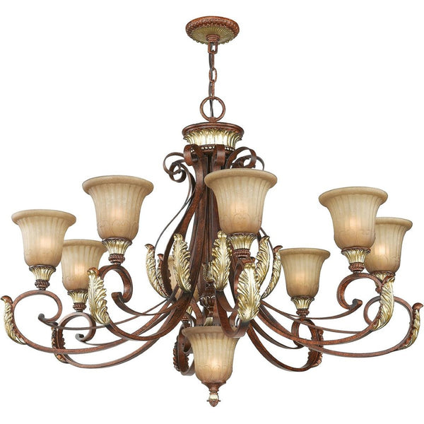 HomeRoots Bronze Nine-Light Dimmable Chandelier with Elegant Cylindrical Shades for Stylish Home Ambiance 687868