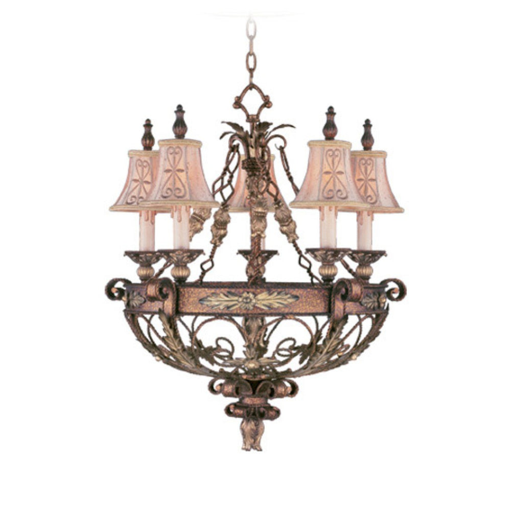 HomeRoots Bronze Five-Light Chandelier with Cream Shades - Dimmable Elegance for Dining, Hallway & More 687876