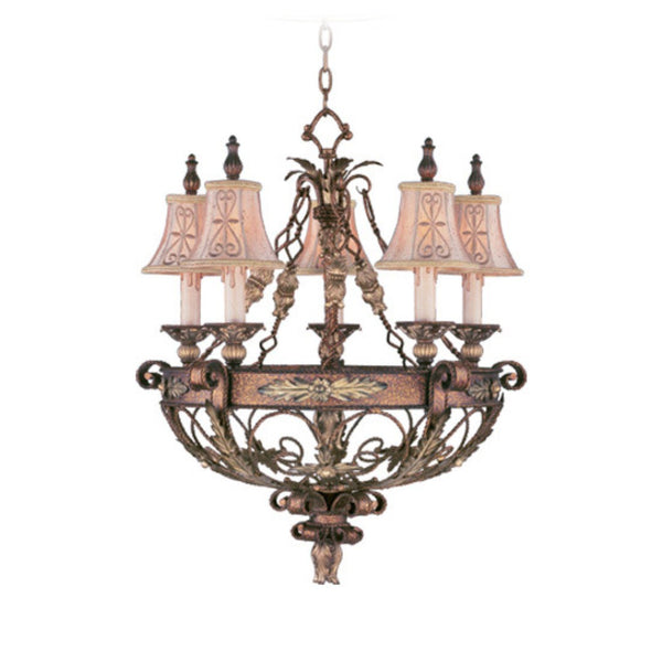 HomeRoots Bronze Five-Light Chandelier with Cream Shades - Dimmable Elegance for Dining, Hallway & More 687876