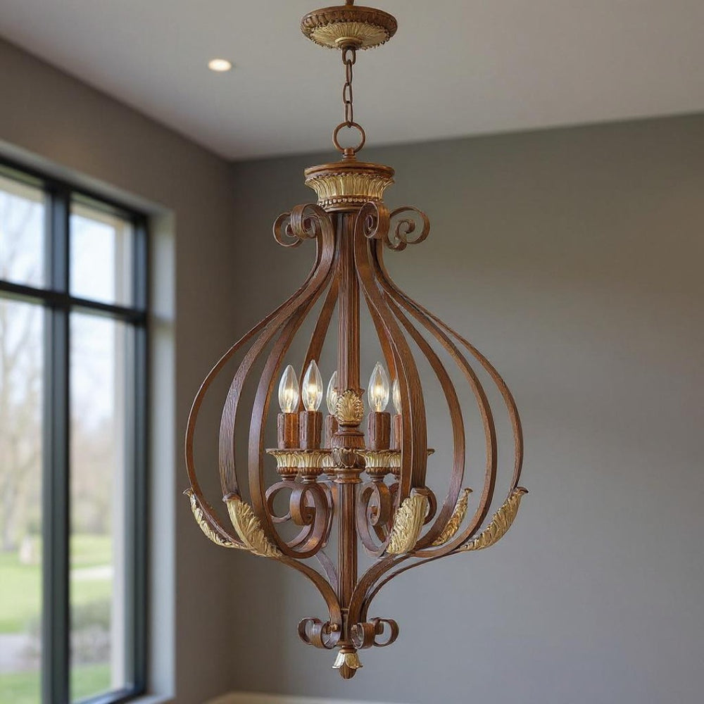 HomeRoots Six Light Modern Dimmable Chandelier with Fabric Shades – Stylish Illumination for Any Room 687892