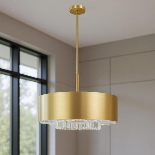 HomeRoots Six Light Dimmable Chandelier - Modern Cylinder Design with Fabric Shades for Warm Ambience & Style 687895