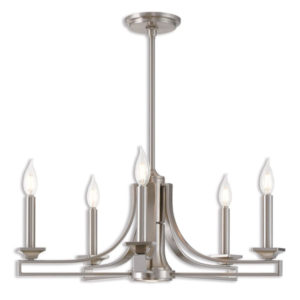 HomeRoots Nickel Six-Light Dimmable Chandelier: Elegant Metal Design with Adjustable Height & Warm Shades 687898