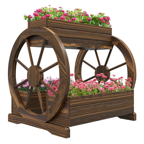 English Elm Outsunny 3 Tier Raised Garden Bed Wagon Wheel Fir Wood Planter for Herbs Veggies W2225P174413