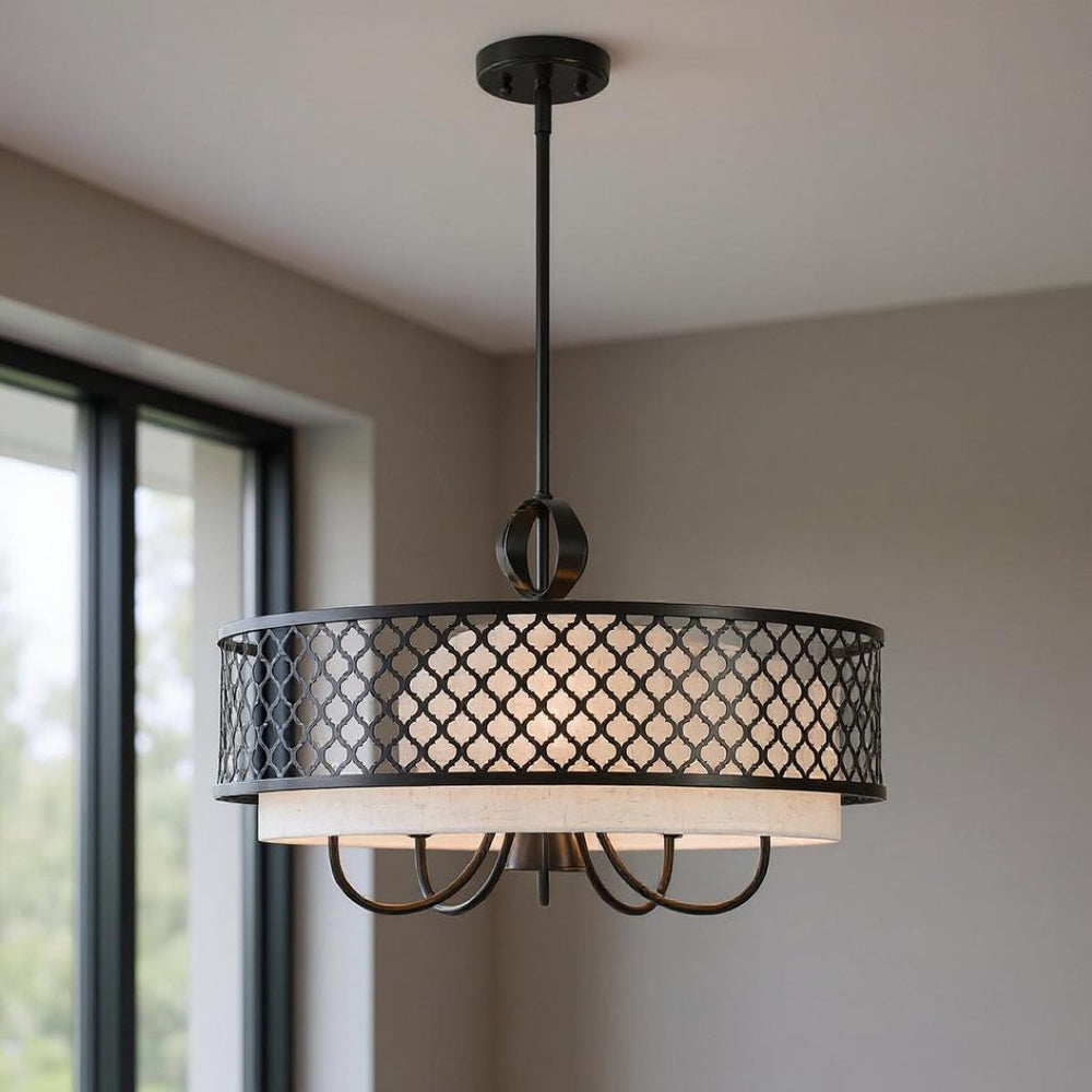 HomeRoots Six Light Dimmable Chandelier – Modern Steel Shades for Versatile Ambiance in Any Room or Office 687912