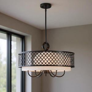 HomeRoots Six Light Dimmable Chandelier – Modern Steel Shades for Versatile Ambiance in Any Room or Office 687912