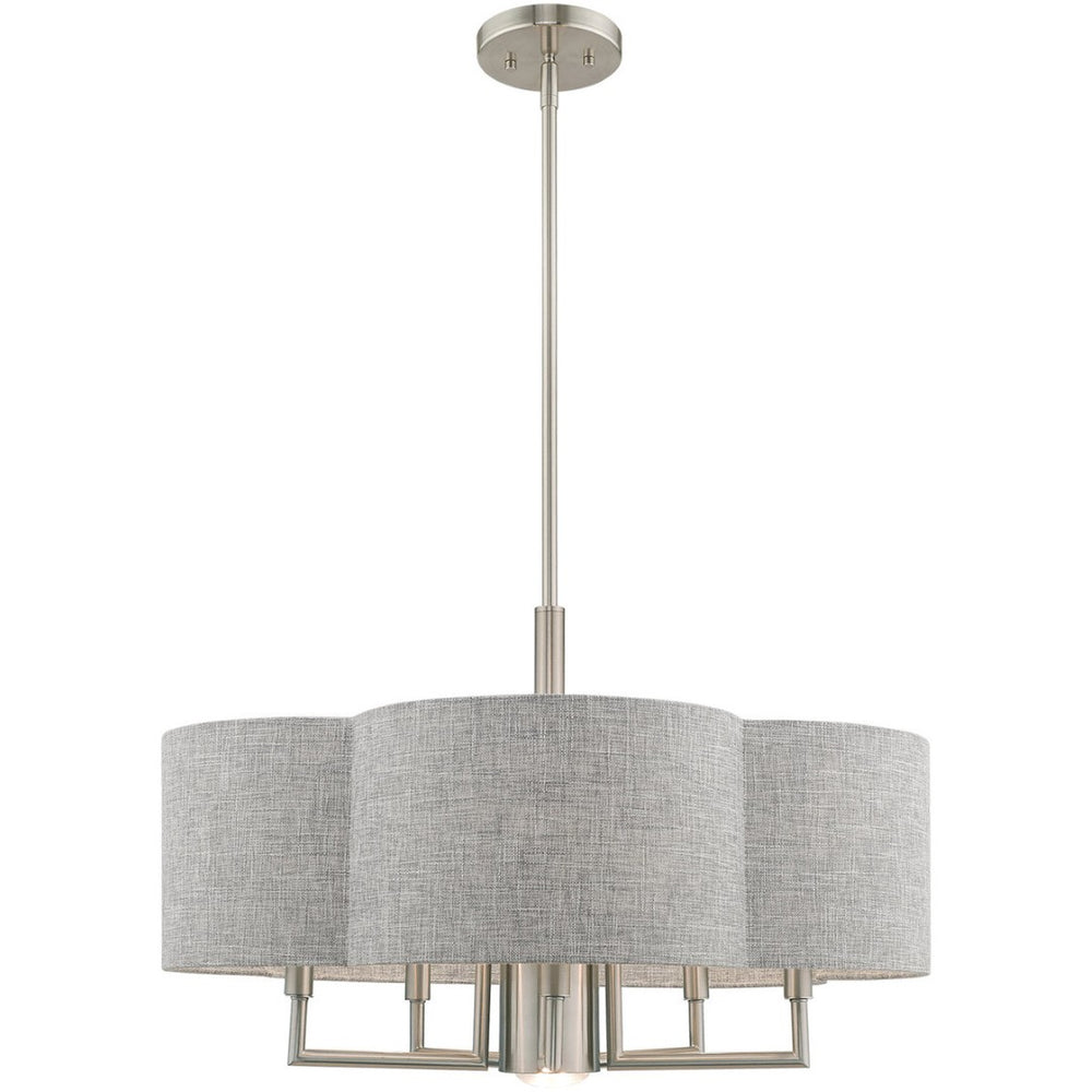 HomeRoots Six Light Dimmable Chandelier - Modern Cylindrical Shades for Versatile Spaces & Adjustable Ambiance 687928