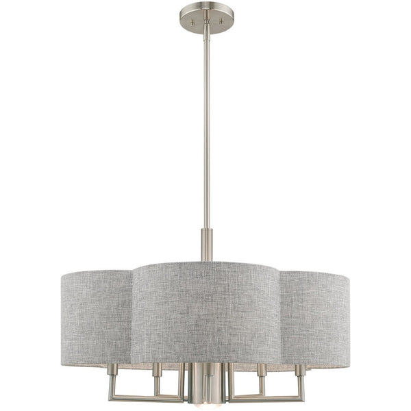 HomeRoots Six Light Dimmable Chandelier - Modern Cylindrical Shades for Versatile Spaces & Adjustable Ambiance 687928