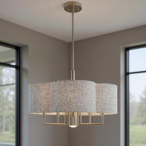 HomeRoots Six Light Dimmable Chandelier - Modern Cylindrical Shades for Versatile Spaces & Adjustable Ambiance 687928