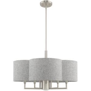 HomeRoots Six Light Dimmable Chandelier - Modern Cylindrical Shades for Versatile Spaces & Adjustable Ambiance 687928