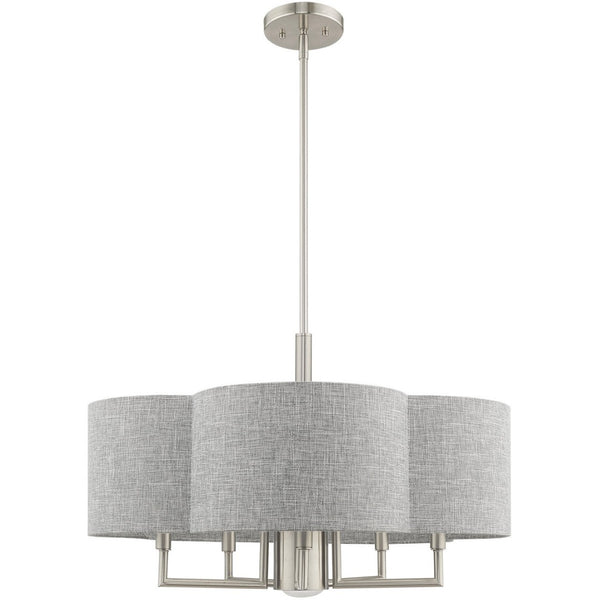HomeRoots Six Light Dimmable Chandelier - Modern Cylindrical Shades for Versatile Spaces & Adjustable Ambiance 687928