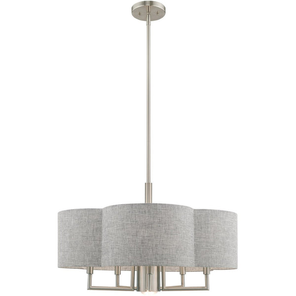 HomeRoots Six Light Dimmable Chandelier - Modern Cylindrical Shades for Versatile Spaces & Adjustable Ambiance 687928