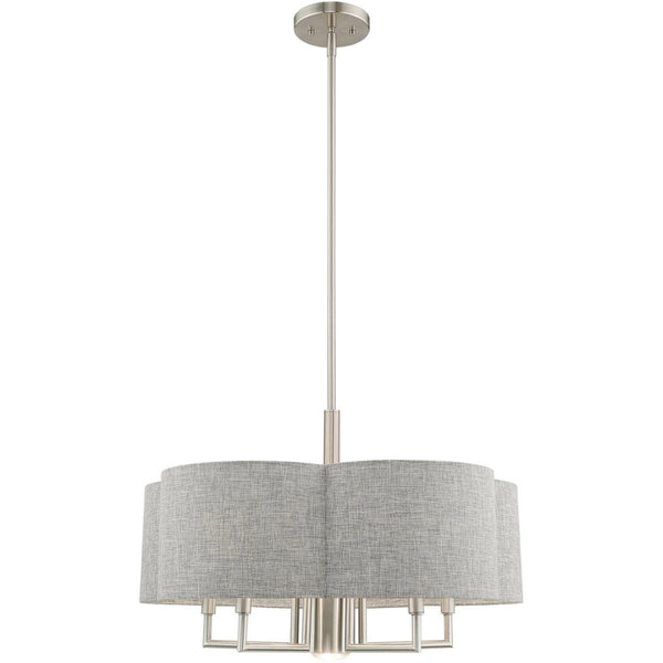 HomeRoots Six Light Dimmable Chandelier - Modern Cylindrical Shades for Versatile Spaces & Adjustable Ambiance 687928