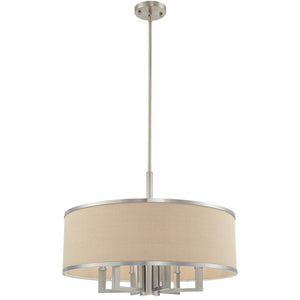 HomeRoots Seven Light Dimmable Chandelier with Sleek Cylinder Shades - Modern Steel Fixture for Any Space 687939