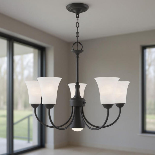 HomeRoots Black Six-Light Dimmable Chandelier with Cylinder Shades for Modern Elegance and Adjustable Ambiance 687944