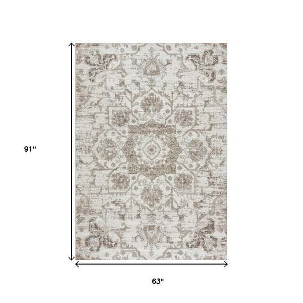 HomeRoots 5' Cream Gray and Light Brown Medallion Area Rug - Durable, Stain-Resistant Design for Busy Homes 5' X 8' 687947