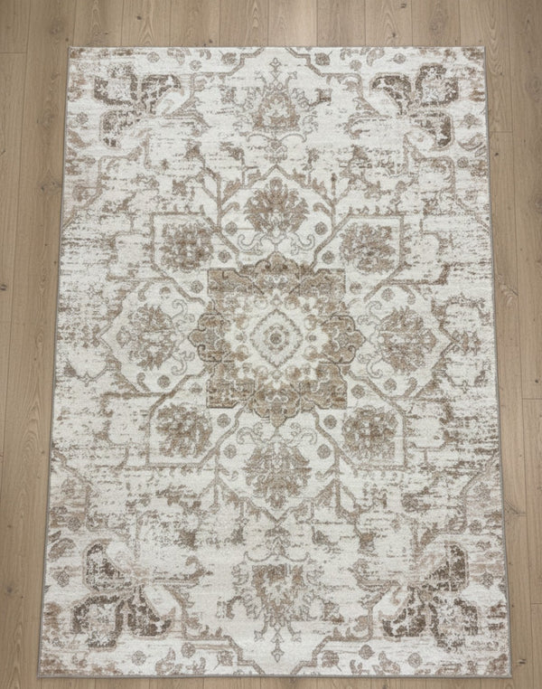 HomeRoots 5' Cream Gray and Light Brown Medallion Area Rug - Durable, Stain-Resistant Design for Busy Homes 6' X 9' 687948