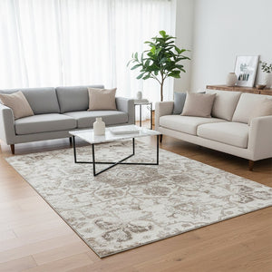 HomeRoots 5' Cream Gray and Light Brown Medallion Area Rug - Durable, Stain-Resistant Design for Busy Homes 6' X 9' 687948