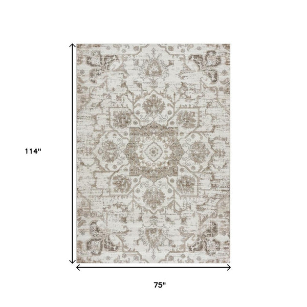 HomeRoots 5' Cream Gray and Light Brown Medallion Area Rug - Durable, Stain-Resistant Design for Busy Homes 6' X 9' 687948