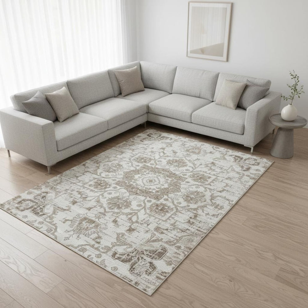 HomeRoots 5' Cream Gray and Light Brown Medallion Area Rug - Durable, Stain-Resistant Design for Busy Homes 8' X 11' 687949