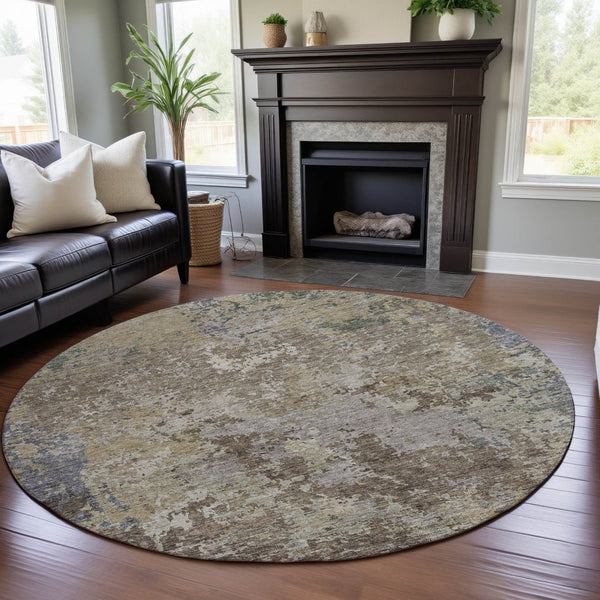 HomeRoots 8' Beige Blue and Gray Abstract Round Rug - Washable, UV-Protected, Stylish Comfort for Any Space 687952