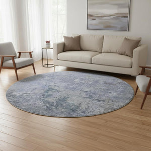 HomeRoots 8' Blue and Gray Abstract Round Rug - Washable, UV Protected, Durable for Living Rooms and Patios 687958