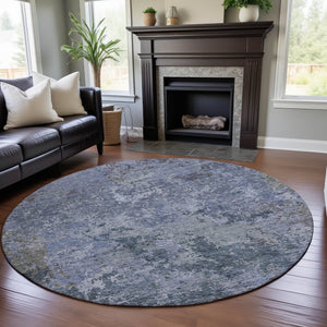 HomeRoots 8' Blue and Gray Abstract Round Rug - Washable, UV Protected, Durable for Living Rooms and Patios 687958
