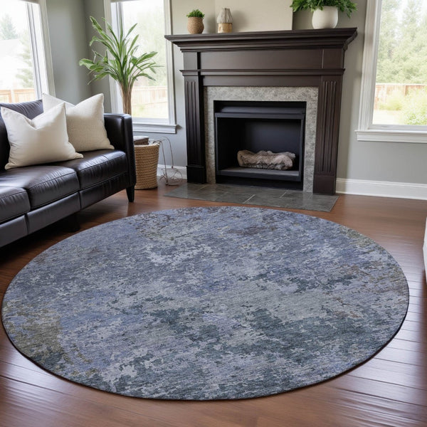 HomeRoots 8' Blue and Gray Abstract Round Rug - Washable, UV Protected, Durable for Living Rooms and Patios 687958