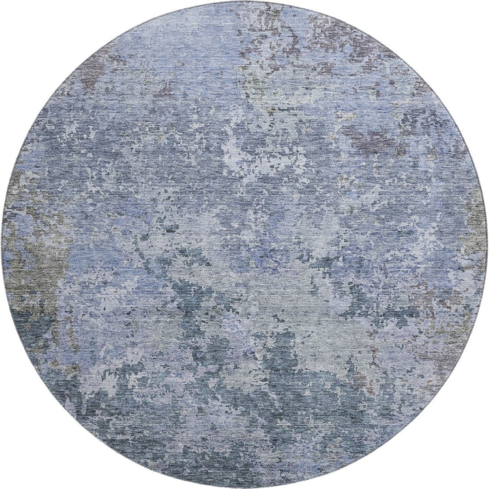 HomeRoots 8' Blue and Gray Abstract Round Rug - Washable, UV Protected, Durable for Living Rooms and Patios 687958