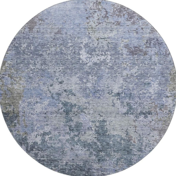 HomeRoots 8' Blue and Gray Abstract Round Rug - Washable, UV Protected, Durable for Living Rooms and Patios 687958