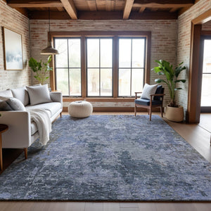 HomeRoots 10' Blue & Gray Abstract Washable Area Rug - Durable, UV-Protected, Stain-Resistant Home Decor Piece 687961