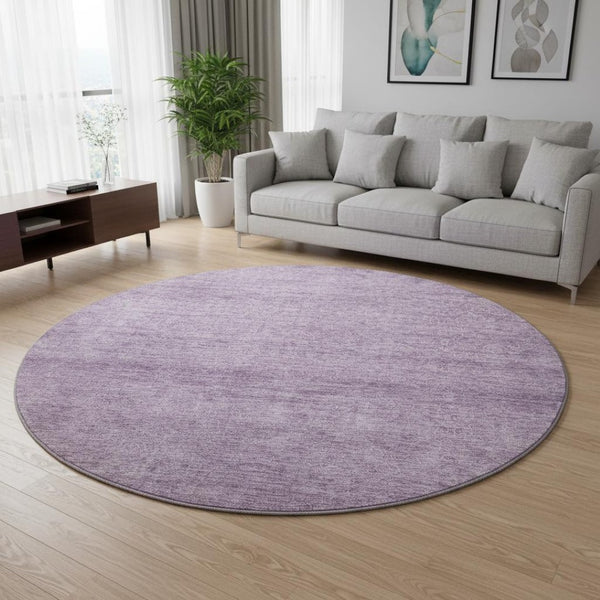 HomeRoots 8' Lavender and Ivory Abstract Round Rug - Stylish, Washable, UV-Protected for Modern Living Spaces 687976