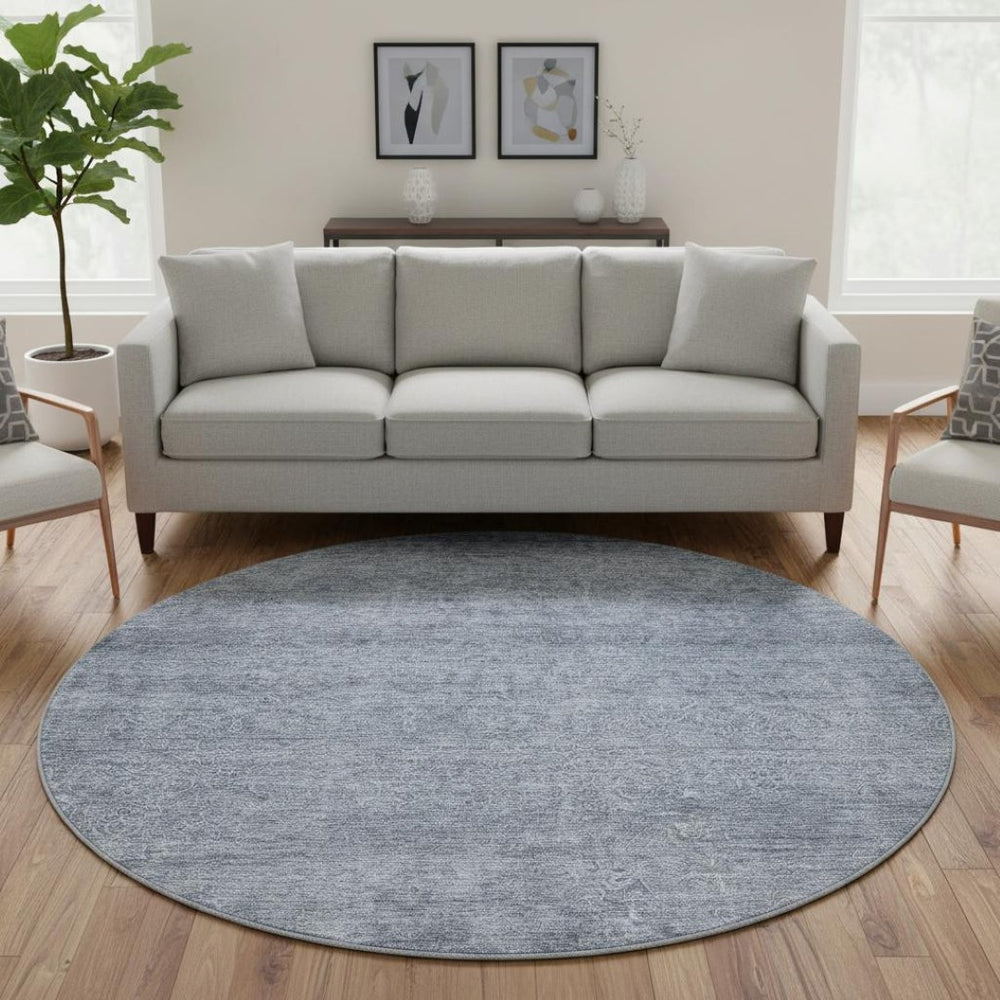 HomeRoots 8' Sky Blue and Beige Abstract Round Rug – Washable, UV-Protected, Durable Design for Modern Spaces 687994