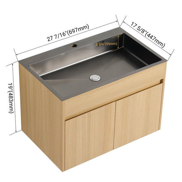 English Elm 28" Wall Mounted Bathroom Vanity with Gun-Gray Stainless Sink, Soft-Close Doors, Plywood, Oak Finish, KD W999P376889