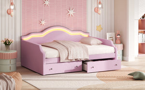 English Elm Full Size Upholstered Daybed With Led Lighting & 2 Storage Drawers, Stylish Pink Velvet Design N7500001852H