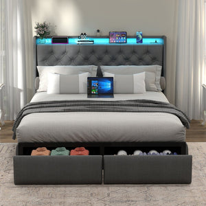 English Elm Queen Storage Bed with Tufted Linen Headboard Rgb Lighting and Built-in Usb Charging T3963P447110
