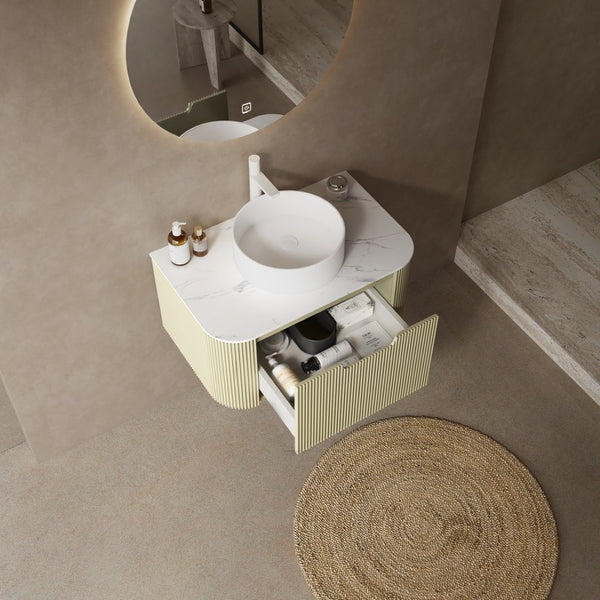 English Elm Muri Floating Bathroom Vanity Plywood Cabinet Sintered Stone Top Oak Drawer W2615S00560