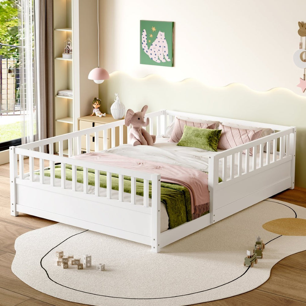 English Elm Twin Montessori Floor Bed Solid Pine Frame with Safety Fence Door for Kids Play Space White W1858P382400