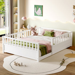 English Elm Twin Montessori Floor Bed Solid Pine Frame with Safety Fence Door for Kids Play Space White W1858P382400