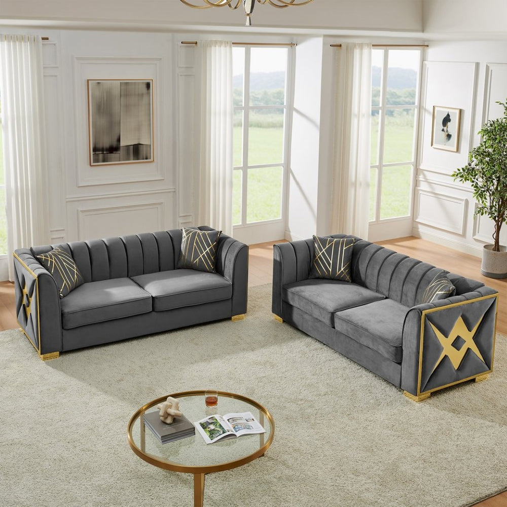 English Elm 81" Tufted Velvet Chesterfield Sofa with Gold Steel Legs for Elegant Living Rooms Gray W1191S00073