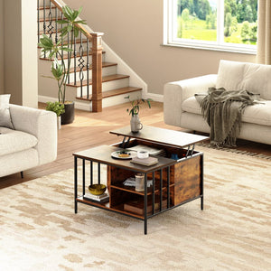 English Elm Farmhouse Lift Top Coffee Table with Hidden Compartment & 3 Shelves, Adjustable 20.3–25.6" Height W2735P332168