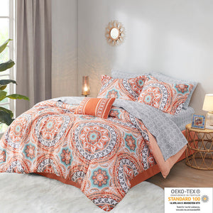 Madison Park Essentials Serenity Global Inspired 7 Piece Comforter Set with Cotton Bed Sheets MPE10-204 Coral